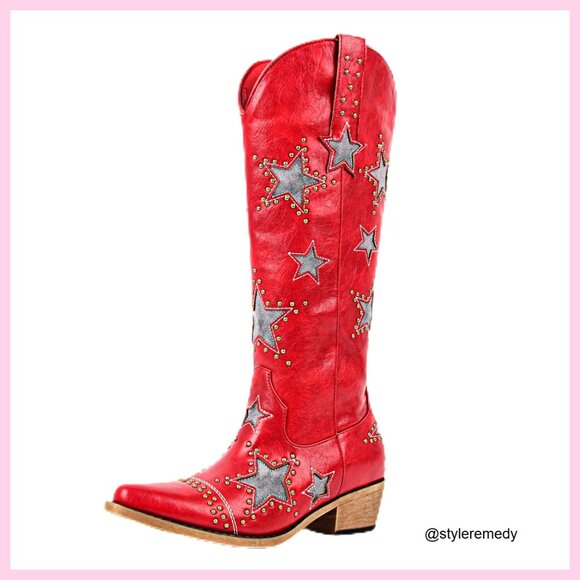 Studded Star Rhinestone Knee High Boots Block Heel Western Cowgirl